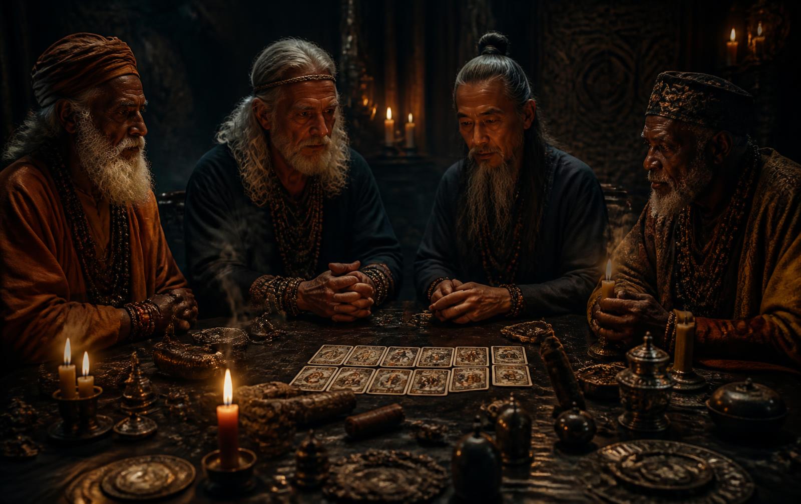 Círculo de maestros espirituales reunidos alrededor de una mesa de consulta con velas