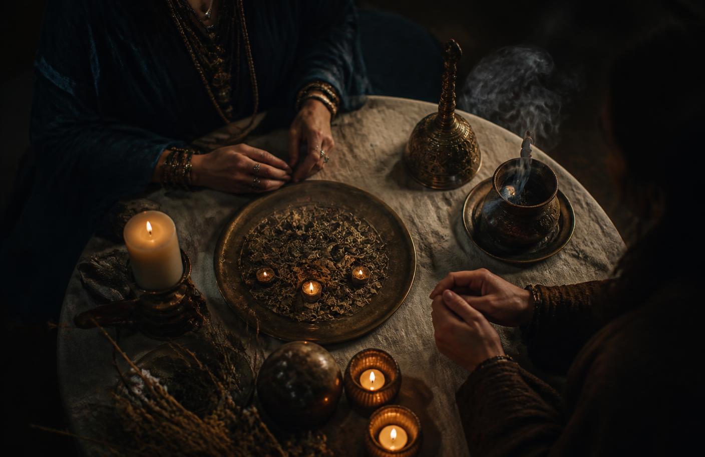 Mesa de consulta espiritual compartida con velas, hierbas e incienso