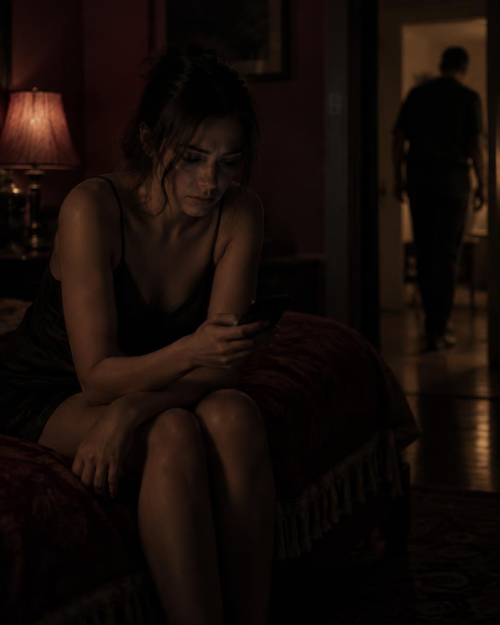 Mujer mirando su teléfono mientras su pareja se aleja